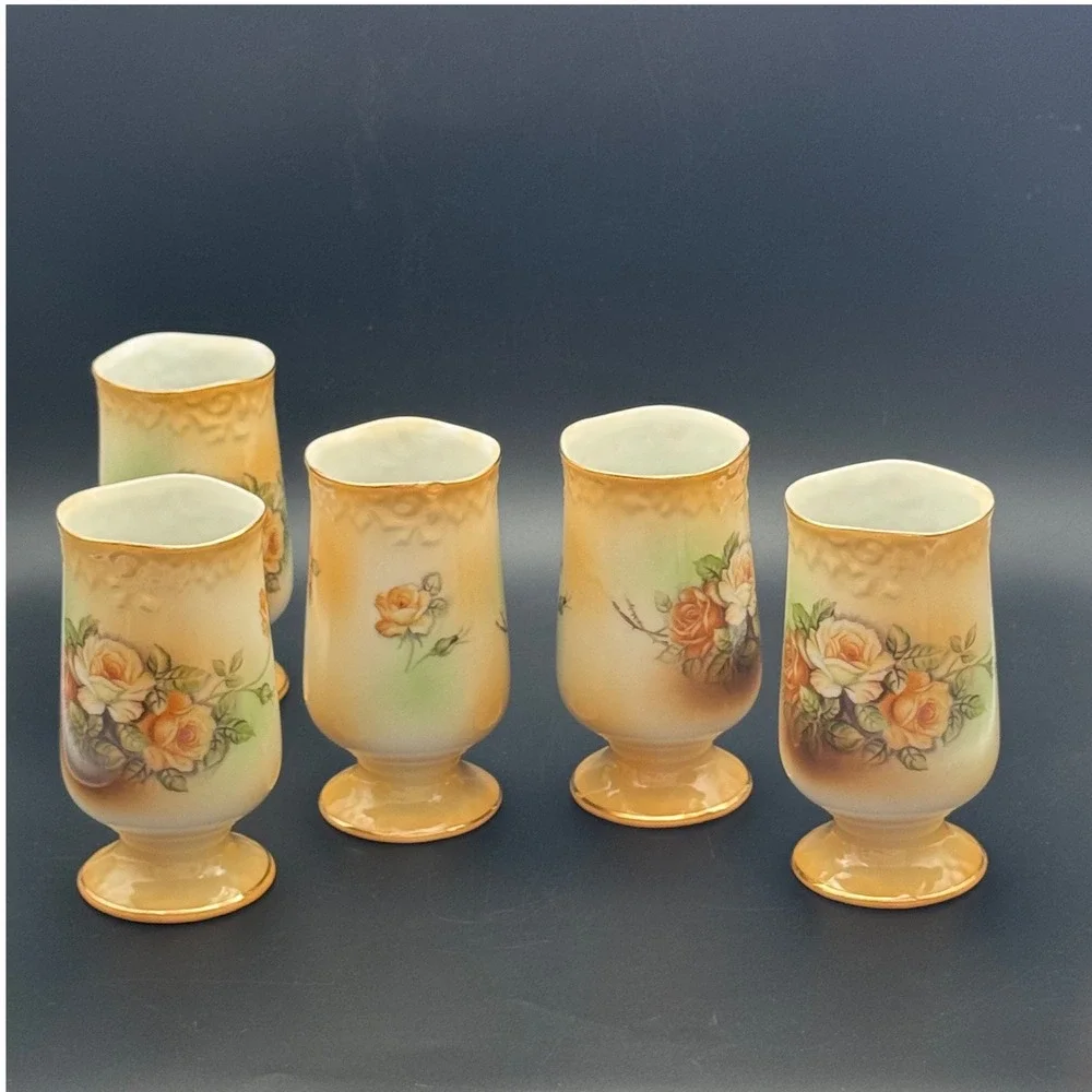 RS Wreath Stamp Porcelain Floral Chocolate‎ Set Pitcher & 5 Cups Gold Trim Roses